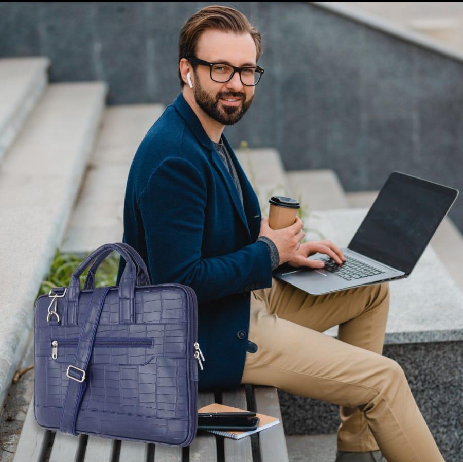 Premium PU Leather Laptop Bag. Croc-Texture, Removable Strap