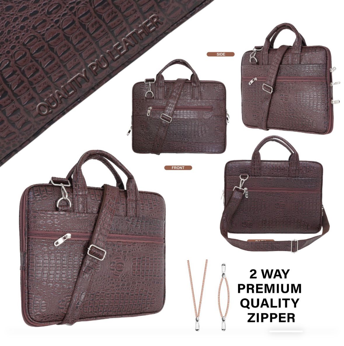 Premium Brown Croc-Texture PU Leather Laptop Bag