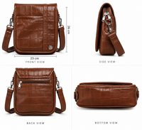 Brown sling bag showing phone, tablet, wallet, and pen storage