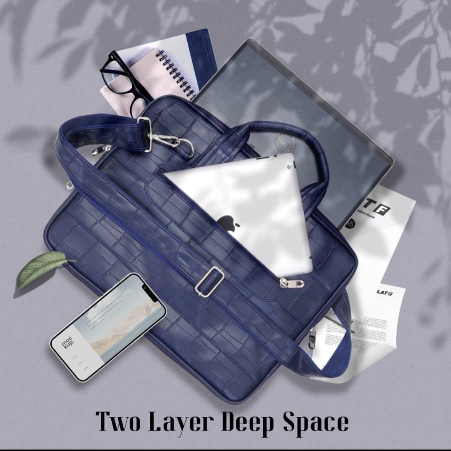 Premium PU Leather Laptop Bag. Croc-Texture, Removable Strap