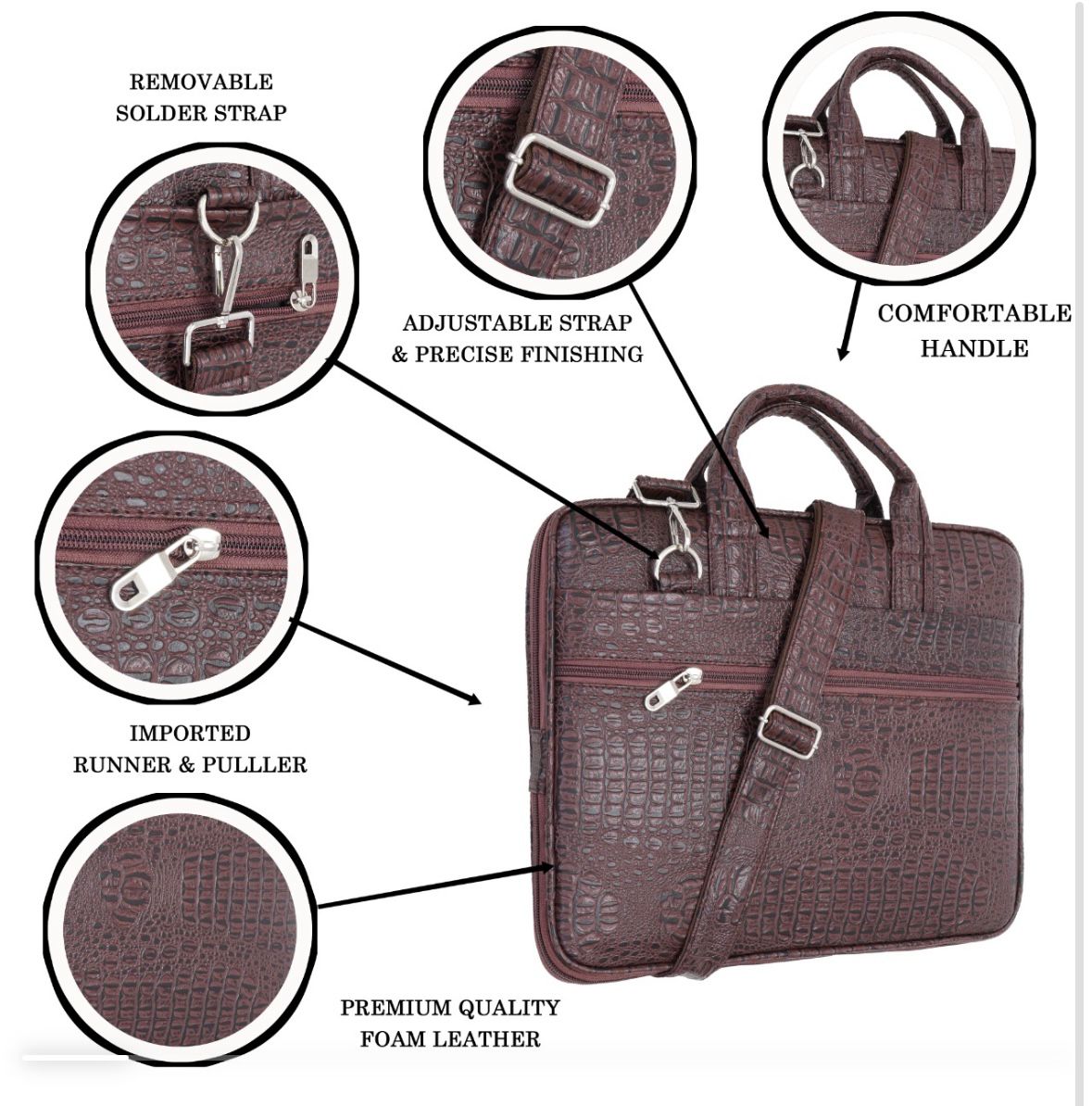 Premium Brown Croc-Texture PU Leather Laptop Bag
