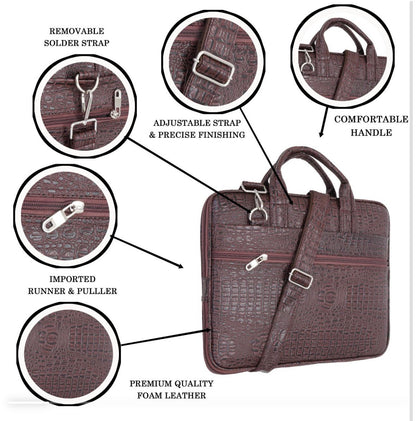 Premium Brown Croc-Texture PU Leather Laptop Bag