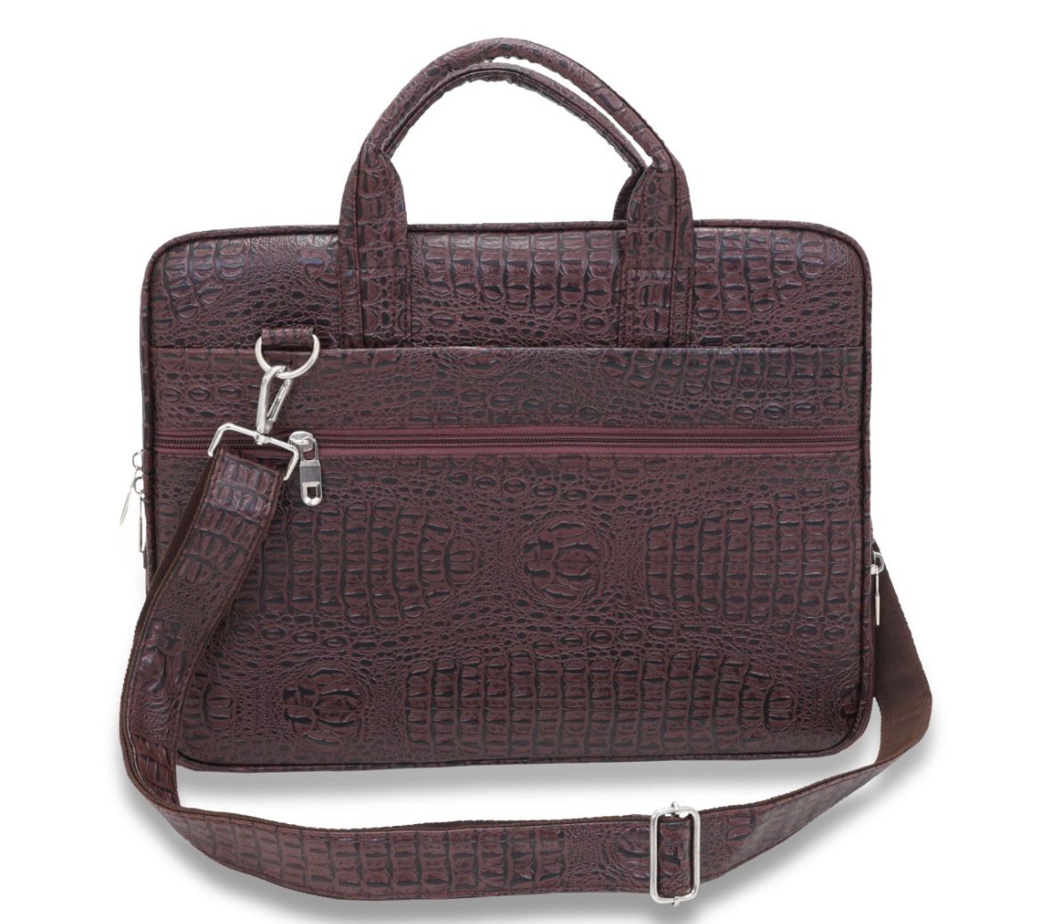 Premium Brown Croc-Texture PU Leather Laptop Bag