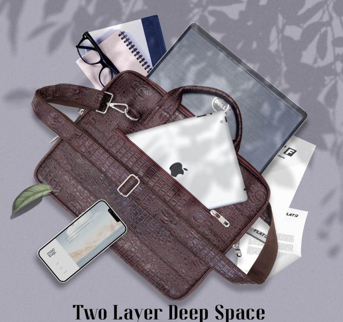 Premium Brown Croc-Texture PU Leather Laptop Bag