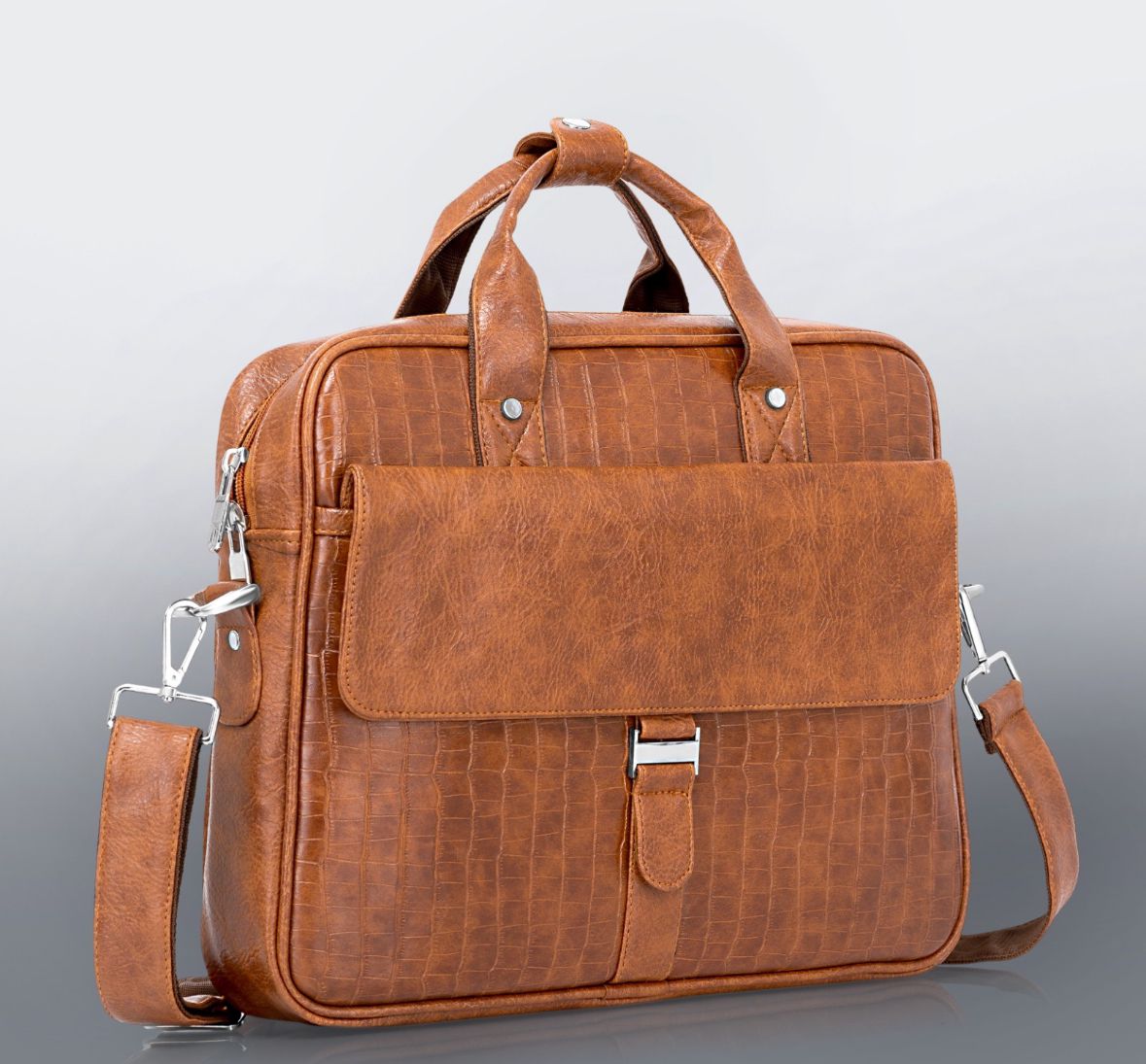 Premium Brown Croc-Texture PU Leather Laptop Bag